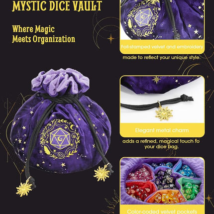 ANZOME DND Dice Bags with Pockets Drawstring Dice Bag Dice Storage Bag Big Capacity Dice Velvet Pouch for RPG MTG Table Games, Capacity Over 200 Dice (Purple)