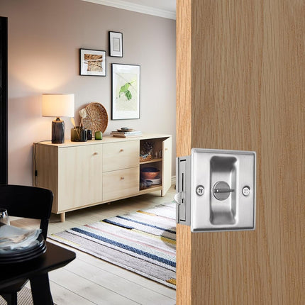 Eco-Fused Pocket Sliding Door Lock - Brushed Nickel Privacy Door Pull with Lock - Reversible - Compatible with Most Doors - Easy Grip - Doors with Thickness 1-3/8” (3.49 cm)