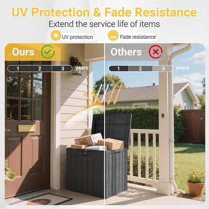 Greesum Coffre de rangement extérieur en résine de 117 L pour meubles de patio, outils de jardin, fournitures de piscine, résistant aux intempéries et aux UV, verrouillable, noir foncé