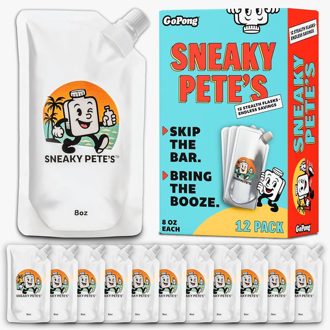 GoPong Sneaky Pete's Liquor Pouches - 12 Pack Hidden Plastic Flasks - 8 oz Alcohol Pouch Containers