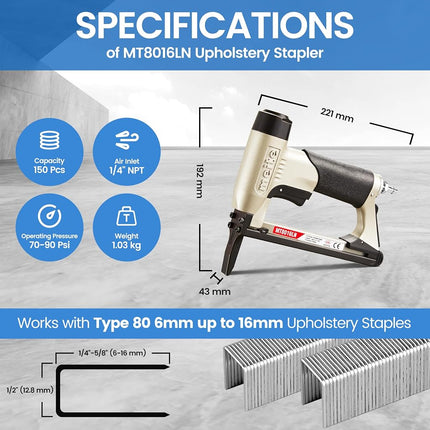 meite MT8016LN Pneumatic Staple Gun Extended Nose Upholstery Stapler Accepts 21 Gauge 12.8mm Crown Accepts 6-16mm, Air Stapler Gun for Furniture Sofa Fabric Bedding Cabinetry Woodworking