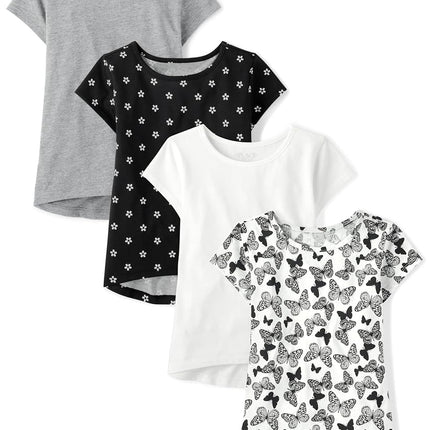 The Children's Place Girls' Short Sleeve High Low Tee 4 Pack, Grey/Black Flower/White/Butterfly 4-Pack, Large