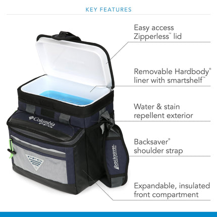 Glacière thermique Columbia PFG Thermal Pack Cooler - 22 canettes, sans fermeture éclair, corps rigide avec isolation haute performance ThermaCool, doublure HardBody et SmartShelf - Bleu marine