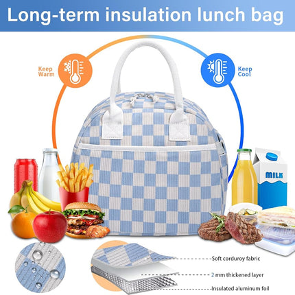 Carry Bloom Lunch Box for Women, Insulated Lunch Bag Cute Corduroy Lunchbag Reusable Lunchbox for Work (Checkered Blue White)