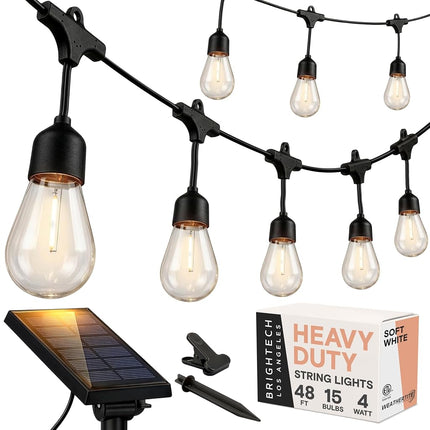 Brightech Ambience Pro - Waterproof, Solar Power Outdoor String Lights - 48 Ft Hanging Edison Bulbs Create Bistro Ambience in Your Yard - Commercial Grade, Shatterproof - 1W LED, Soft White Light