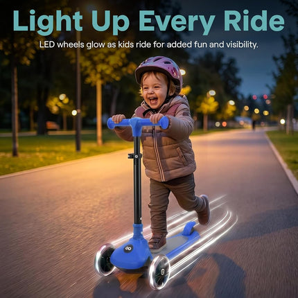 SereneLife Kids Scooter for Ages 3–7 – 3 Wheel Kick Scooter with Seat Option, Light-Up LED Wheels, Lean-to-Steer, Foldable, Adjustable Height, 50 kg Capacity, Blue