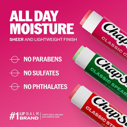 Chapstick Classic (3 Count) Cherry, Strawberry & Spearmint Flavor Skin Protectant Flavored Lip Balm Tube, 3 Count (Pack of 1)