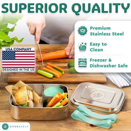 Everusely - Bento Box - Green, 37oz / 1.1 L - Stainless Steel Lunch Box with Leakproof Condiment Container - 3 Compartment Snack Organizer for On the Go Meals - Freezer & Dishwasher Safe
