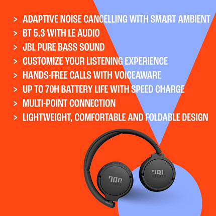 JBL Wireless Headphones, Bluetooth Connection, Black, Model TUNE670NC-NEG