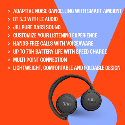 JBL Tune 670NC - Adaptive Noise Cancelling with Smart Ambient Wireless On-Ear Headphones, Up to 70H Battery Life with Speed Charge, Lightweight, Comfortable and Foldable Design (Blue)