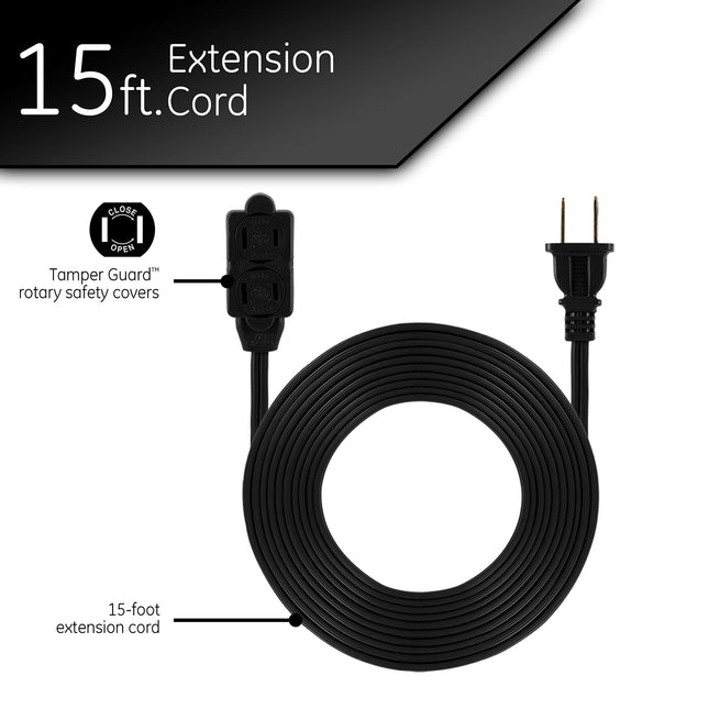 GE 3-Outlet Extension Cord with Multiple Outlets 15 Ft Extension Cord Power Strip 2 Prong 16 Gauge Twist-to-Close Safety Outlet Covers Outdoor Extension Cord Outlet Extender UL Listed Black 45154