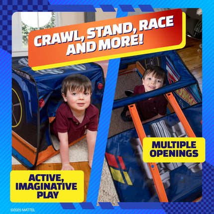 Hot Wheels� Pop Up Play Tent, Playhouse for Boys, Race Car Tent with Connections for Hot Wheels Tracks, Indoor Playspace with Roll-Up Door & Roof Opening, Easy Setup, Folds Flat for Storage