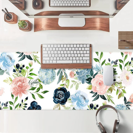 Teng DA Qing Gaming Green Desk Mat Mouse Pads Purple Blue Pink Floral Pad Large, XL Big Computer Keyboard with Stitched Edge for Women Home Office Decor Deskmat, 31.5x11.8x0.12 in (XCD-77)