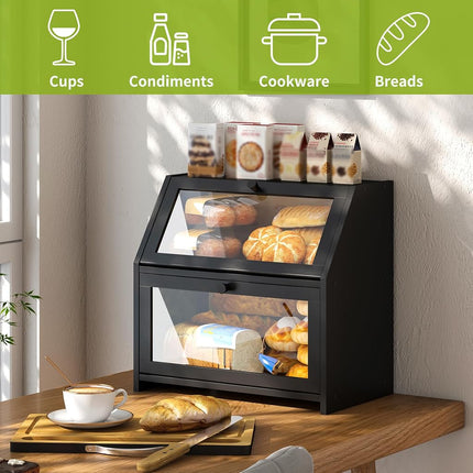 BMOSU Bread Box With Cutting Board - Kitchen Storage Organizer, Farmhouse Countertop Double Bamboo Wood Box (Black)
