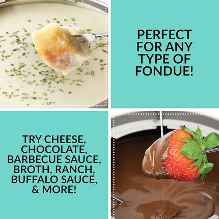 Olla eléctrica para fondue Nostalgia, 12 tazas, máquina de fondue con control de temperatura, 8 tenedores, asas frías al tacto, perfecta para derretir chocolate, queso, caramelo, aguamarina, FPS6AQ