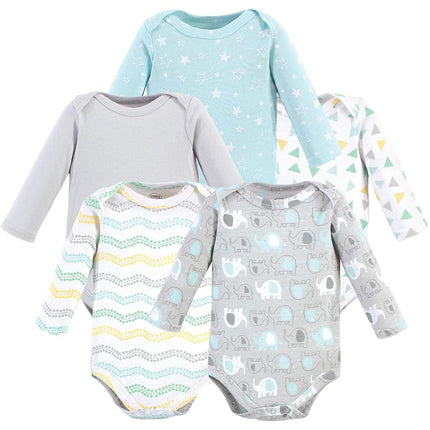 Luvable Friends Unisex Baby Cotton Long-Sleeve Bodysuits, Unisex Basic Elephant, 3-6 Months