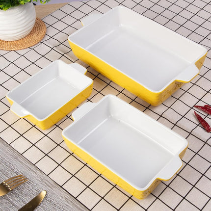 GarveeHome Baking Dishes Set of 3, Ceramic Bakeware Set with Handles, Porcelain Baking Pan Casserole Dishes for Oven and Microwave, Deep Lasagna Pan for Baking, Cooking, Wedding Gift - Yellow