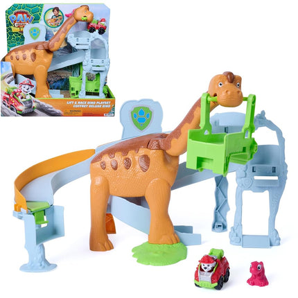 Paw Patrol: The Dino Movie, Lift and Race Dino Playset with 25,4 cm Brachiosaurus, Marshall Pup Squad Racer and Rhubarb Action Figure, Fun Preschool Toys for Girls and Boys Ages 3+