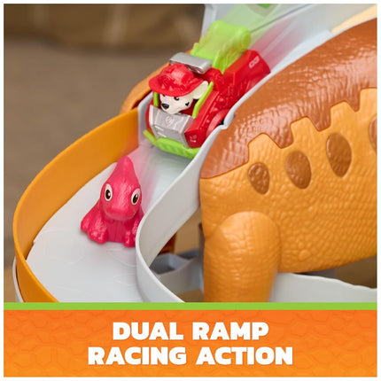 Paw Patrol: The Dino Movie, Lift and Race Dino Playset with 25,4 cm Brachiosaurus, Marshall Pup Squad Racer and Rhubarb Action Figure, Fun Preschool Toys for Girls and Boys Ages 3+