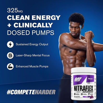 GAT Clinically Tested Nitraflex, Testosterone Enhancing Pre Workout, Grape, 300 Gram