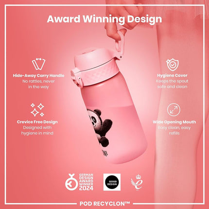 Ion8 Small Water Bottle, 350 ml/12 oz, Leak Proof, Easy to Open, Secure Lock, Dishwasher Safe, BPA Free, Carry Handle, Hygienic Flip Cover, Easy Clean, Odor Free, Carbon Neutral, Pink, Panda Design