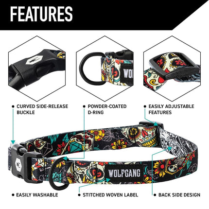 Wolfgang Adjustable Dog Training Collars, Durable & Easy to Clean Nylon Dog Collar with Quick Clip Buckles, for Training & Daily Use Made in USA, LosMuertos Print, (1 Inch x 12-18 Inch)