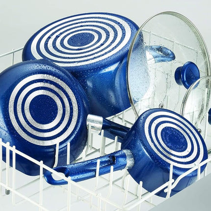 T-fal B037SE64 B037SE Excite ProGlide Batterie de cuisine antiadhésive avec indicateur de chaleur Thermo-Spot, compatible lave-vaisselle et four, 14 pièces, bleue
