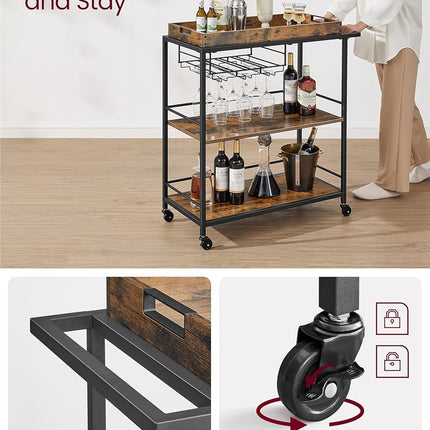 VASAGLE Kitchen Serving Cart with Removable Tray, 3-Tier Kitchen Utility Cart on Wheels with Storage, with Brakes, Leveling Feet, 15.7 x 34.6 x 37.8 Inches, Rustic Brown and Black ULRC093B01