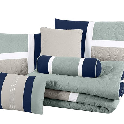 Chezmoi Collection 7-Piece Quilted Patchwork Set, Polyester, Navy/Blue/Grey, Queen