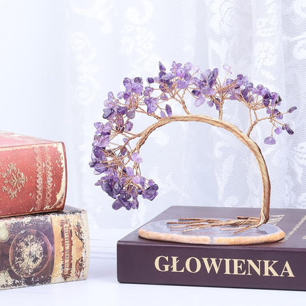 mookaitedecor Natural Amethyst Crystal Money Tree Agate Slice Base Feng Shui Bonsai Crystal Tree for Wealth Luck Desk Decor, 4.5-5.2 Inch High