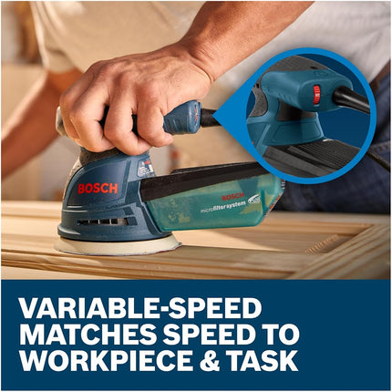 BOSCH ROS20VSC Palm Sander 2.5 Amp 5 Inch Corded Variable Speed Random Orbital Sander, Polisher Kit with Dust Collector and Soft Carrying Bag