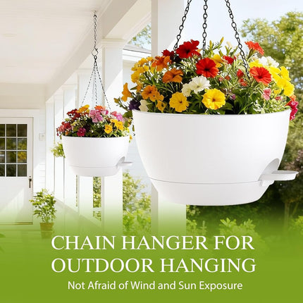 SQKH 10 Inch Hanging Baskets 2 PC with Chains, Self-Watering Hanging Planters for Indoor Outdoor Plants, Plastic Hanging Flower Pots,White