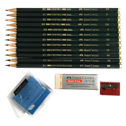 Faber-Castell 9000 Juego de lápices de grafito artístico, los mejores regalos, 12 unidades con 12 grados de dureza (2H, H, F, HB.) + 1 goma de borrar amasada + 1 goma de borrar grande sin polvo + 1 sacapuntas Faber