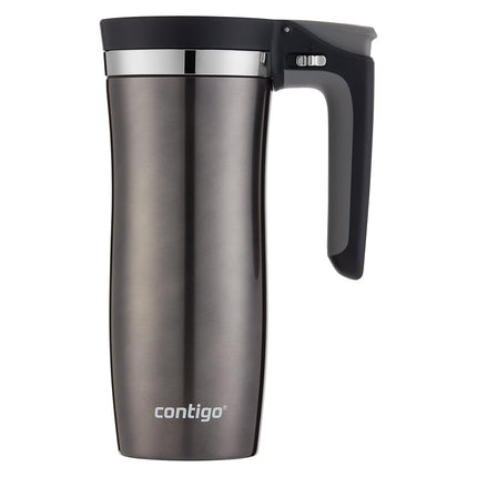 Contigo Termo de viaje de acero inoxidable con aislamiento al vacío y asa, tapa antiderrame, taza de café o botella de agua reutilizable de 473 ml, sin BPA, mantiene las bebidas calientes o frías durante horas, color plomo