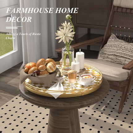 Premium Rubber Wood Lazy Susan Turntable, Glod White Checkerboard Decorative Serving Tray, Hand-Welded Metal Railing, Stable Rotating Organizer for Dining Table, Kitchen Counter, Coffee Table Decor