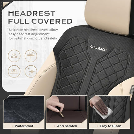 Coverado Car Seat Cover, Black Seat Cover for Cars, Luxury Leather Seat Covers Full Set with Embossed Pattern, Waterproof Car Seat Protector Car Seat Cushions Universal Fit Most Vehicle