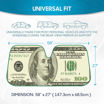 Hundred Dollar Bill Benjamin Franklin Front Windshield Sun Shade - Accordion Folding Auto Sunshade for Car Truck SUV - Blocks UV Rays Sun Visor Protector - Keeps Your Vehicle Cool - 58 x 28 Inch