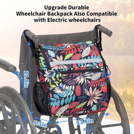 ZHCHG Wheelchair Bags, Wheelchair Backpack with Cup Holder, Wheelchair Bags to Hang on Back, Electric Wheel Chair Accessories, Large Storage Bag for Walker Rollator, Blue Red-leaves, Large, Tie-dyeing