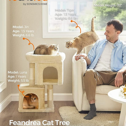 Feandrea Cat Tree Tower, 67 cm, S, Condo for Kittens up to 7 lb, Large Perch, 2 Caves, Scratching Post, Beige UPCT611M01