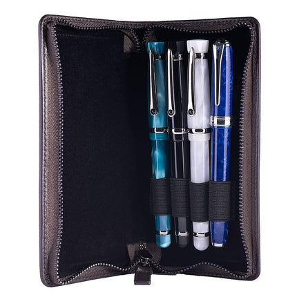 DiLoro Leather Zippered Triple or Quad Pen Case Pencil Pouch Holder for Three or Four Fountain Ballpoint Rollerball Pens or Glasses (Nappa Brown)