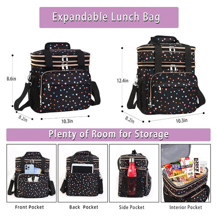GLENKEY Expandable Lightweight Insulated Lunch Box for Women, Double Deck Large Lunch Bag Leakproof Soft Cooler Bags for Adults Work Office Flight Beach Travel, Polka Dots, 16L