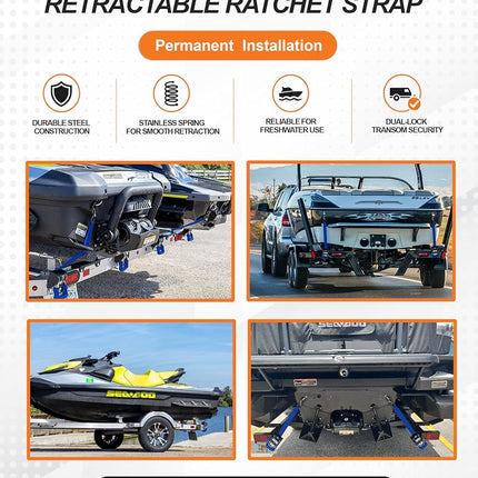 Strapinno 2PCS Retractable Ratchet Straps (1 7/8 in x 4 ft) Heavy Duty Transom Tie-Downs for Boat, PWC Trailer - Extra Mounting Brackets & Bolt Set,Safety Latch S-Hook,Break Strength 2,600LBS/1,180KG, RBA204