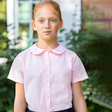 French Toast Little Girls Short Sleeve Modern Peter Pan Collar Blouse, Pink, 4