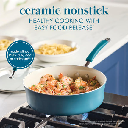 Rachael Ray Cucina Ceramic Nonstick Saute Pan with Lid, 3 Quart Non Stick Sauteuse Pan, Dishwasher Safe - Marine Blue