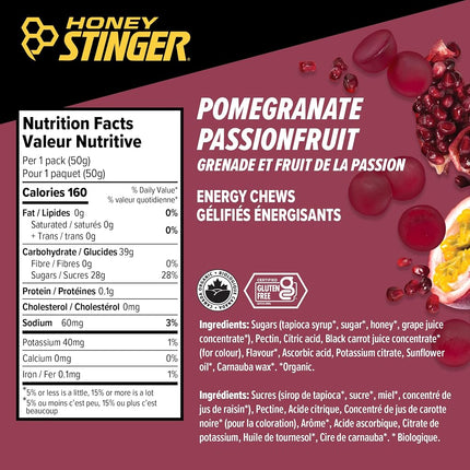 Honey Stinger Organic Pomegranate Passionfruit Energy Chew | Gluten Free, Caffeine Free | For Exercise, Running & Performance | Sports Nutrition for Home & Gym, Pre & Mid Workout | 12 Pack, 50g