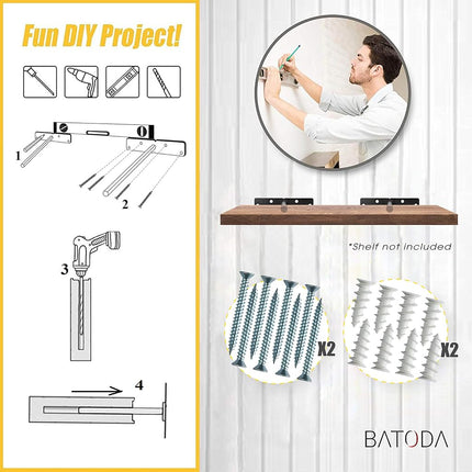 BATODA - 8" Heavy Duty Floating Shelf Bracket (6 pcs) – Solid Steel Blind Shelf Supports - Hidden Brackets for Floating Wood Shelves - Screws and Wall Plugs Included (Large Size)