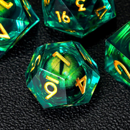 Beholder's Dragon Eye DND Dice Set,Sharp Edge Liquid Core Resin Handmade Dice with Gift Box 7 PCS for Role Playing Dungeons and Dragons Ttrpg(Green Dargon Eye)