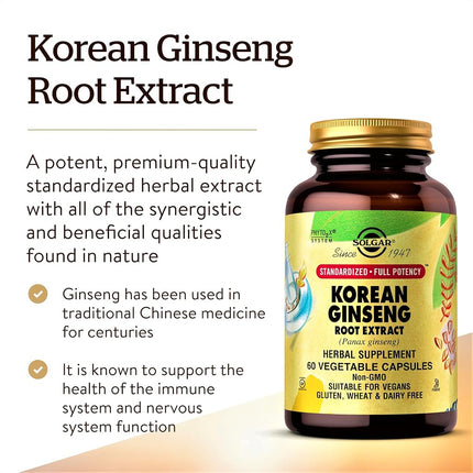Solgar – Standardized Full Potency Korean Ginseng Root Extract, 60 Vegetable Capsules