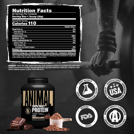 Animal Protein Powder 100% Whey - 4.6g BCAA - Only 1g Added Sugar, No Artificial Colors, Sports Nutrition Concentrate-Isolate Blend - Recovery Supplement and Post Workout Shake - Chocolate - 4lb