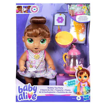 Baby Alive Bubbly Tea Party Sophia Sparkle Doll with Teapot Accessories, Brown Hair, 11 Inches, Toy for 3 Year Old Girls and Boys & Up